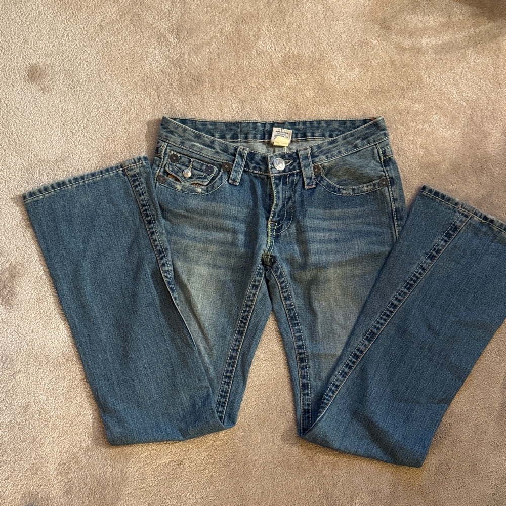 True Religion Distressed Blue Boot Cut Jeans